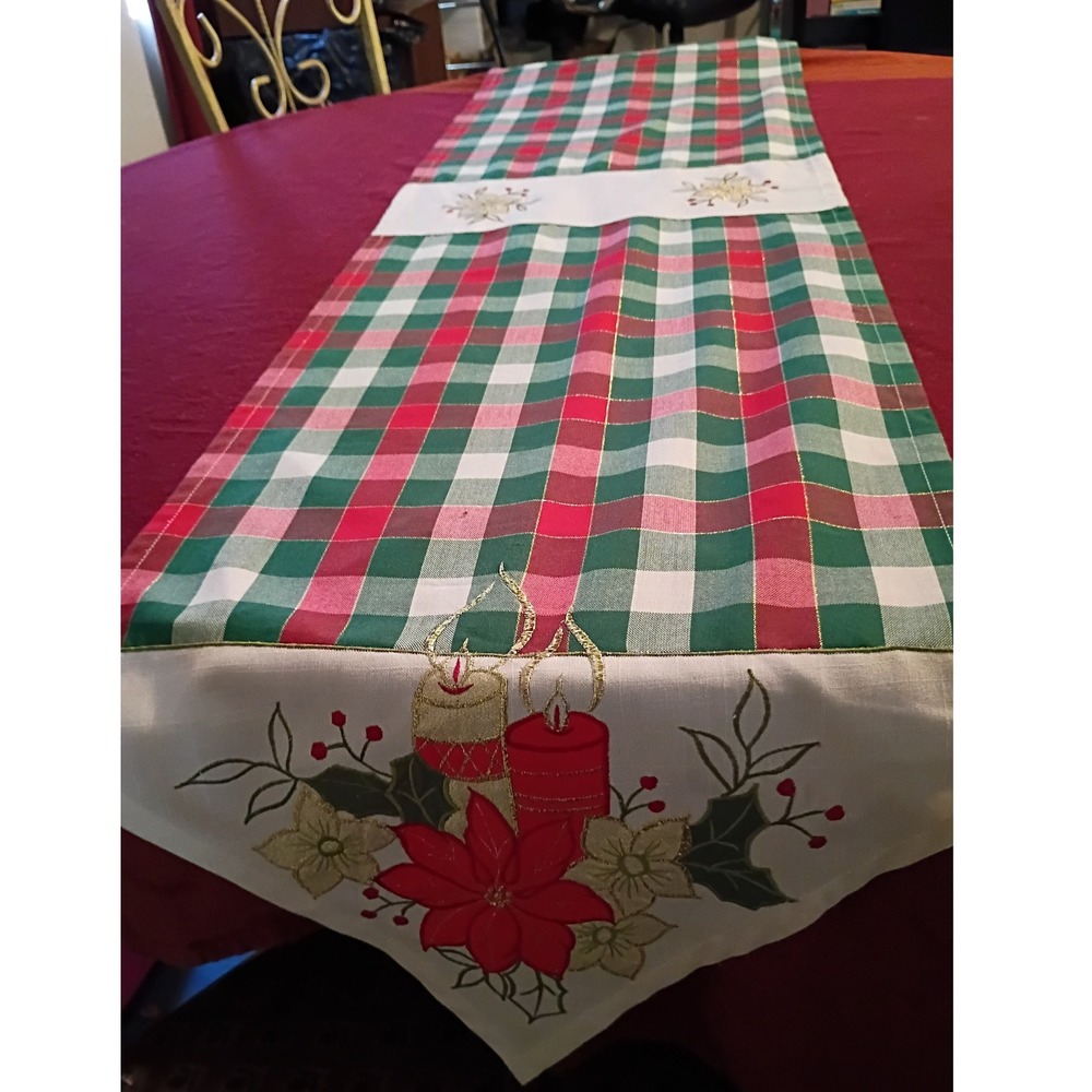 Christmas Table Runner Red Green Plaid Embroidered Candles Poinsettia 15x68